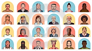 Human Avatars Collection. Faces of people. Characters set. Happy emotions. Portrait for social media, website. Men and