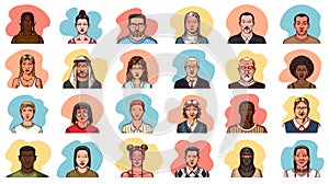 Human Avatars Collection. Faces of people. Characters set. Happy emotions. Portrait for social media, website. Men and
