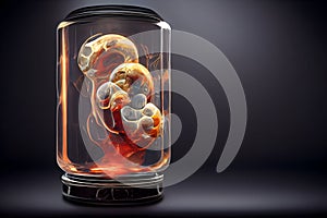 Human baby embyo inside incubator breeding tank on gray background, ectogenesis concept, neural network generated art