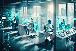 Human beings and robots working in a futuristic office.Generative AI