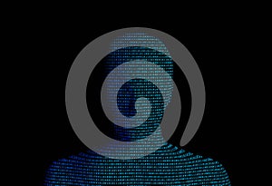 human with binary data code number on black background. Artificial intelligence high-tech in digital computer technology concept.
