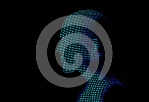 human with binary data code number on black background. Artificial intelligence high-tech in digital computer technology concept.