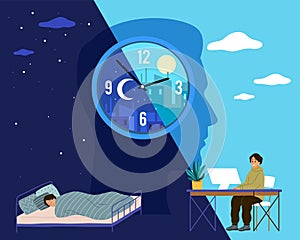 Human biological clock. Time for sleep and work, man in bed at night and working at computer during day, healthy