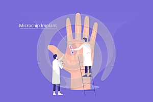 Human biometric microchipping. Scientists or specialists implanting a microchip inside of a huge hand. RFID Radio-frequency