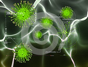 Human body attacked by viruses, scientific research. Genetic experimentation. Data reprocessing