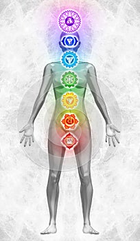 Human body aura with the seven chakras