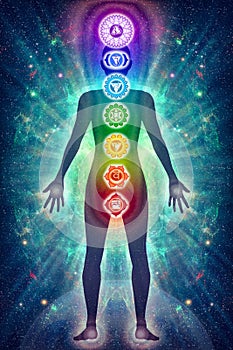 Human body aura with the seven chakras