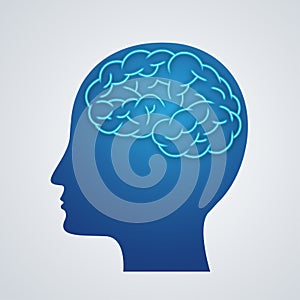 Human body brain icon silhouette on blue background