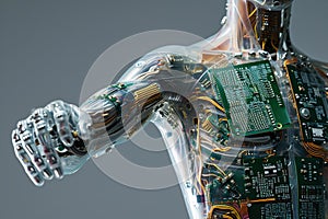 Human body with cybernetic implants showcasing nanotechnology integration with computer board in the body