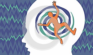 human body figure falling into spiral depression in head profile for mental health concept illustration