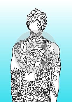 Human body flower blue background spirit power energy  abstract art illustration design hand drawn