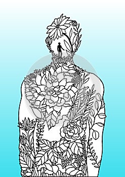 Human body flower man inside spirit power energy  abstract art illustration design hand drawn
