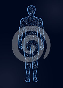 Human body low poly vector illustration on dark background. Medicine, science and technology concept.