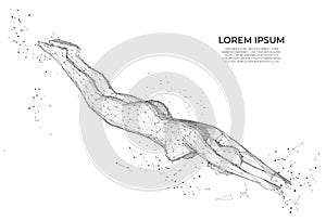 Human body low poly wireframe. Woman Jumping Diving in Swimming Pool. Polygonal wireframe mesh art, poly low. human anatomy