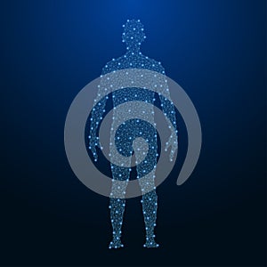 Human body made by points and lines, polygonal low poly wireframe mesh on night sky, dark blue background. Vector.