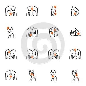 Human body pain line icons set