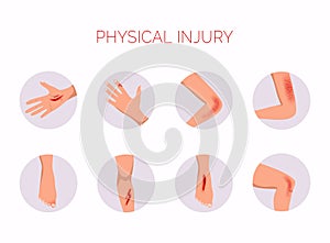 Human body physical injury round flat set. Open cut wounds and elbow bruise photo