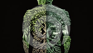 Human body shape made of world of green environment forest, tree, plants, animal wildlife, biome inside the body part, Earth day