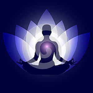 Human body in yoga lotus asana. Backgroung neon blue lotus petals dark blue space stars. Esoterics, spirituality, eastern wisdom,