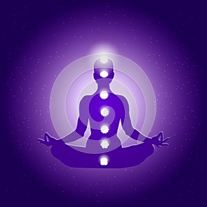 Human body in yoga lotus asana and seven chakras symbols on dark blue purple starry background