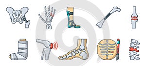 Human bones icon set, cartoon style