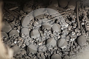 Human bones and skulls in Sedlec Ossuary near Kutna Hora.