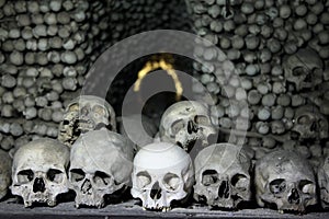 Human bones and skulls in Sedlec Ossuary near Kutna Hora.