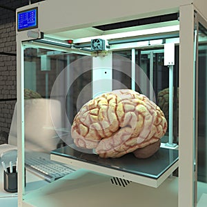 The human brain is 3D printed. Seal of human organs. Future concept with intelligent robotics and artificial intelligence. The use