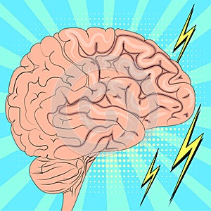 The human brain is actively working. Pop art background. Imitation of comics style. Vector