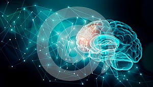 Human brain activity with plexus lines.. External cerebral connections in the frontal lobe. Communication, psychology, artificial