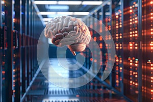 Human brain AI concept amidst high tech server room at illuminated data center