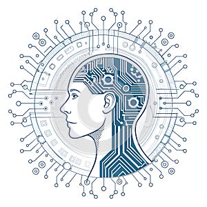 Human Brain and AI Technology Integration Vector Illustration