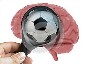 Human Brain Analyzed with magnifying glass Soccer ball or football ball addiction inside isolated