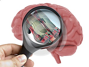 Human Brain Analyzed with magnifying glass women shoes inside addiction isolated