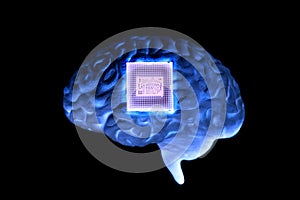 Human brain anatomical model with CPU processor microchip