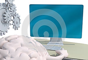 Human brain with arms and legs on the desk in front of the computer