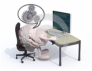 Human brain with arms and legs on the desk in front of the computer