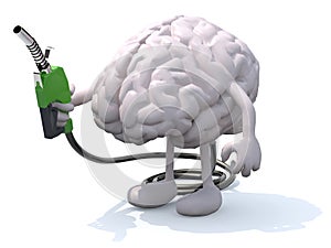 Human brain with arms, legs and fuel pump in hand