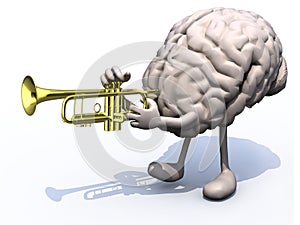 Human brain with arms, legs playng trumpet