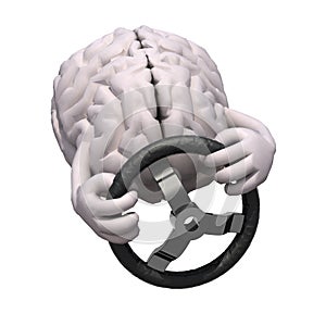 Human brain with arms and steering wheel car