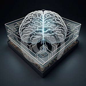 Human brain as cloud of dots and connections integrated into a microchip. AI generative illustration, generated by AI