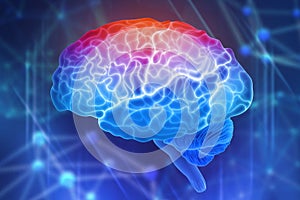 Human brain on a blue background. Active parts of the brain. Creating a computer mind