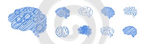 Human Brain Blue Icon and Drawn Symbol Vector Set