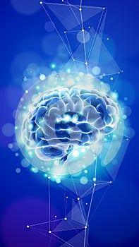 Human brain on a blue technological background surrounded by information fields, neural networks