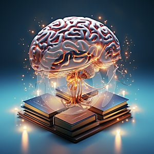 Human brain with books on blue background. 3d render illustration. Ai generative