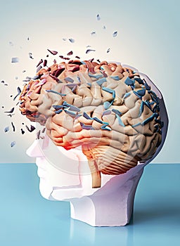 Human brain breaking into pieces as concept for memory loss and dementia disease