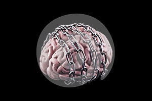 Human brain with chain over black background. Free your mind concept