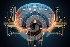 Human brain with circuit board on blue background. Artificial intelligence concept. 3D Rendering, A human brain merged with