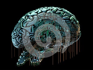 Human brain in circuit board, technology background, represent machine learning, deep learning generative AI