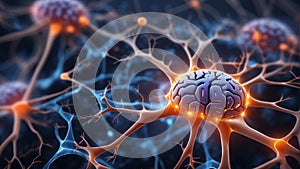 Human brain with close up of neuron cells representing intelligence and active memory loss.